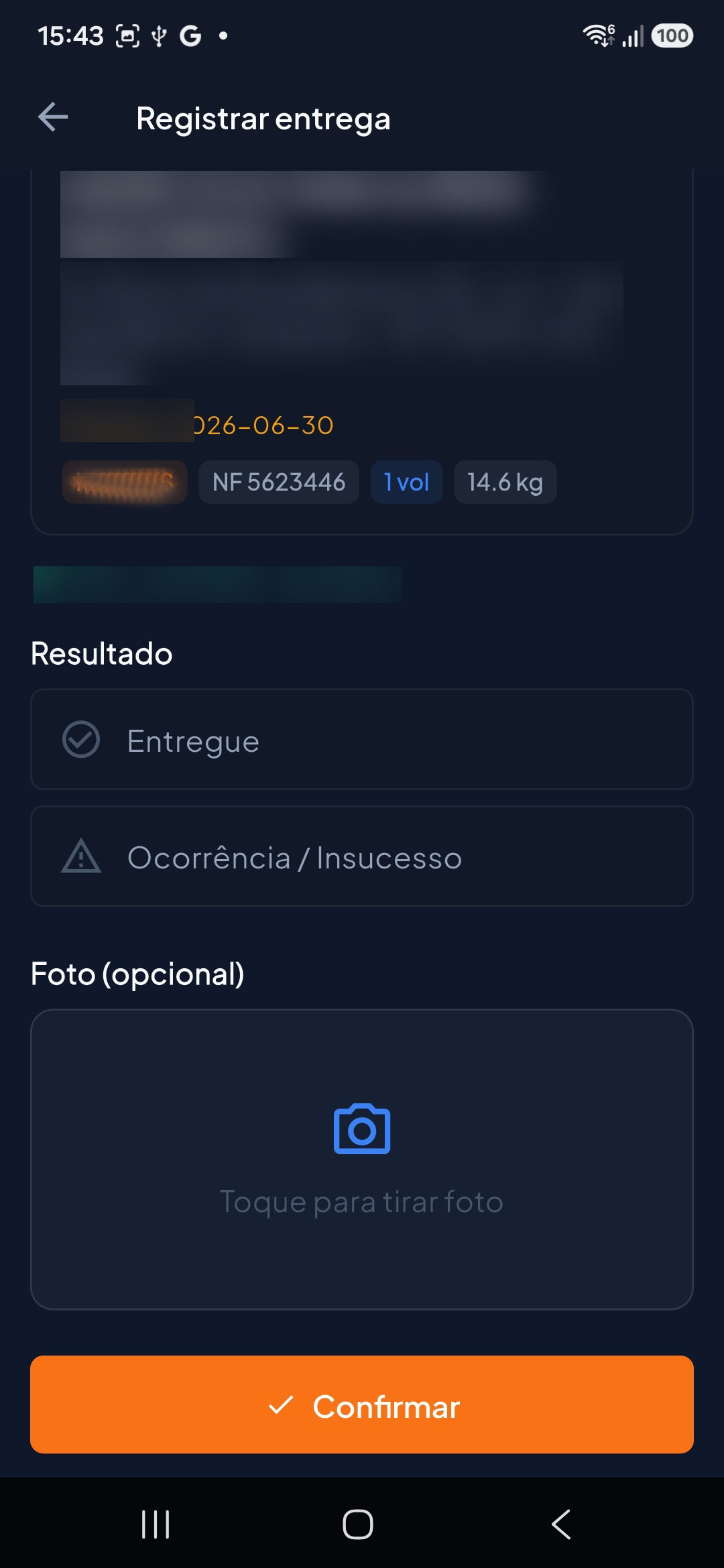 Registrar entrega no app