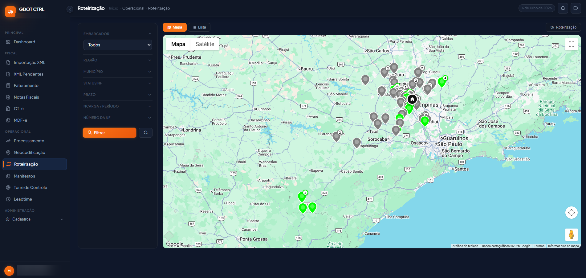Roteirização no mapa - GDOT CTRL