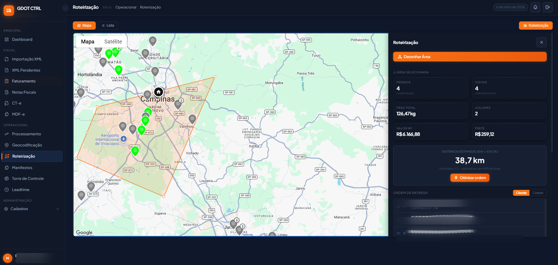 Roteirização por área desenhada - GDOT CTRL